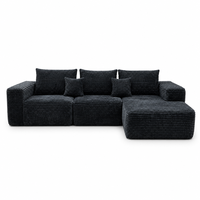 Canapé sectionnel modulaire en velours côtelé bleu marine avec chaise longue et rembourrage en mousse, design à profil bas pour salon Japandi écoresponsable