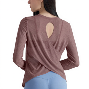 Haut de yoga ample en nylon jacquard pour femme |   Chemisier de sport respirant et anti-transpiration à manches longues avec dos ajouré pour le Pilates - Product Image 3