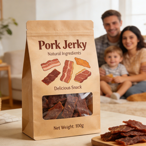 Sacs en papier kraft personnalisés avec votre logo, de qualité alimentaire, sachets à fermeture éclair avec fenêtre transparente pour sacs de viande séchée (<span class=keywords><strong>porc</strong></span>) - Product Image 1