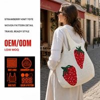 Sac fourre-tout en tricot crème motif fraise, sac à bandoulière motif fruits rouges et feuilles vertes, sac à main mignon pour le shopping, cadeau, logo personnalisé, vente en gros, OEM