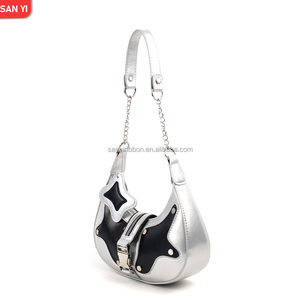 Stylish Punk Patchwork PU Leather Handbag Rivets Chains New Vintage Fashionable Underarm Shoulder <strong>Bag</strong> for Ladies Summer Winter - Product Image 4