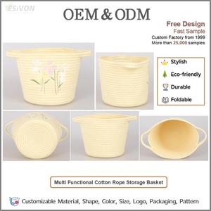 Panier de rangement <span class=keywords><strong>en</strong></span> corde de coton jaune avec broderie florale, poignées intégrées, pliable, pour chambre d'enfant, rangement de jouets, personnalisable - Product Image 2