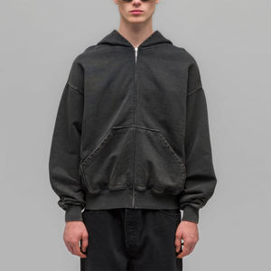 Sweat à capuche à double fermeture éclair 500GSM 100% coton pour hommes, sweat à capuche court décontracté avec fermeture éclair à double tête pour l'hiver - Product Image 1