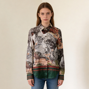 <span class=keywords><strong>Camicia</strong></span> in Seta <span class=keywords><strong>con</strong></span> Stampa di Animali Selvatici Personalizzata per Donne - Product Image 1