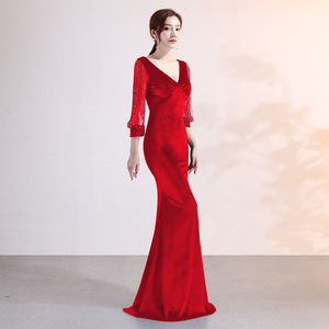 Vestido de Noche de <span class=keywords><strong>Terciopelo</strong></span> Dorado con Cadena de Cristales, Manga Larga, Cola de Pez, Sexy, para Mujer, Invierno - Product Image 5