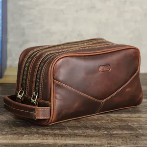 Bolsa de maquillaje de viaje de cuero genuino con doble cremallera y logotipo personalizado de Contact para hombre, neceser cosmético para hombre, Kit Dopp colgante