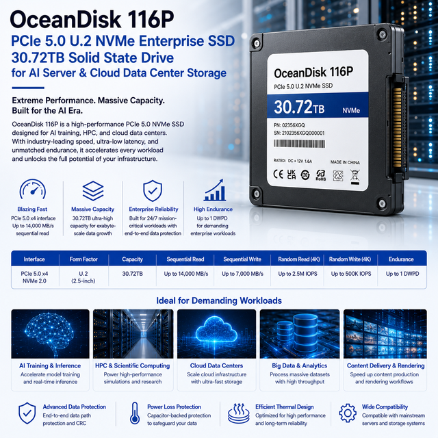 OceanDisk 116P PCIe 5.0 U.2 NVMe Enterprise SSD 15.36TB 30.72TB Solid State Drive SSD for AI Server Cloud Data Center Storage
