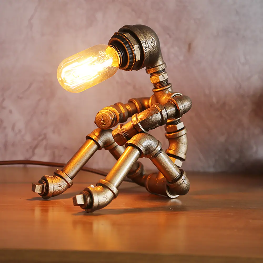 Iron Tube LED Steampunk Light Vintage Industrial Robot Retro Water Pipe Table Lamp For Bar Restaurant