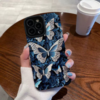 Papillon bleu impression TPU rayure cuir artificiel housse de téléphone portable pour Iphone 8 X Xr Xs 11 12 13 14 15 16 17 Pro Max