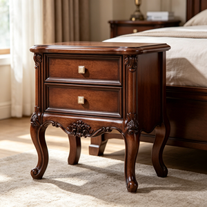 New Arrival Ornate Floral Carved Cabriole Leg Two <b>Drawer</b> Solid Wood Nightstand for American Bedroom - Product Image 5