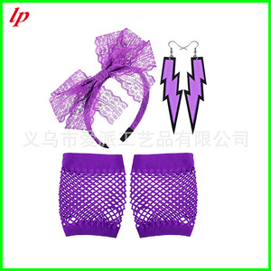LPP4617 80s Neon Retro Lace <b>Bow</b> Headband Earrings Fishnet Gloves Set For Party Women's Fashion Jewelry - Product Image 2