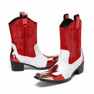 Red White Faux Suede Cowboy <b>Boots</b> Pointed Toe Slip-On Party Fashion Trend Mid Calf Heeled <b>Boots</b> - Product Image 4