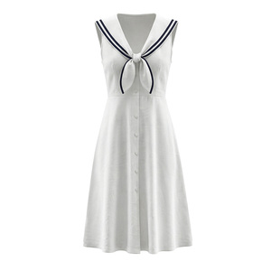 Vestido Camisero Largo Retro 2026 con Cuello Marinero y Botones para Mujer, OEM/ODM por Fábrica de Ropa China, Vestido Vintage Blanco - Product Image 1