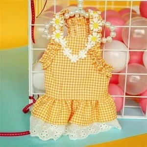 Robe d'été jaune à carreaux avec dentelle pour animaux de compagnie, pour Teddy, Pomeranian, Bichon Frise - Product Image 1