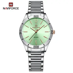 NAVIFORCE 5029 jam tangan wanita, arloji kasual tali Stainless Steel Quartz panggilan sederhana