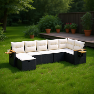 Conjunto de Sofá de Jardín Negro para Exteriores con Cojines Color Crema, Diseño Contemporáneo de Ratán, Otomana Impermeable con Espacio de Almacenamiento - Product Image 2