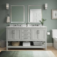 Vanité autoportante de haute qualité pour salle de bain Design durable Double évier en céramique avec comptoir en dalle de roche et étagère ouverte