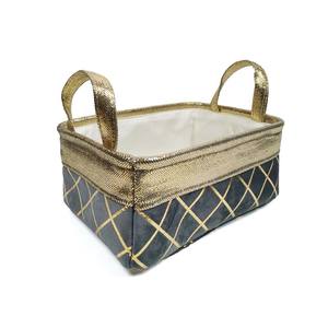 Panier de rangement rectangulaire <span class=keywords><strong>en</strong></span> <span class=keywords><strong>toile</strong></span> sur mesure - Panier à linge doré avec poignées et roulettes, style sac, pour usage domestique - Product Image 3