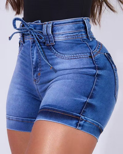 Short en jean à taille élastique et à lacets pour femmes, pantalon trois-quarts d'été à taille haute, décontracté, mini jean droit et serré 4 - Product Image 6