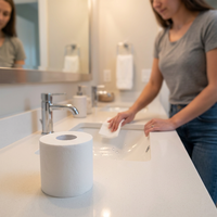 Rouleau de papier toilette emballé individuellement, fabriqué à partir de pâte de bois vierge ; doux, hautement absorbant et sans agents fluorescents.