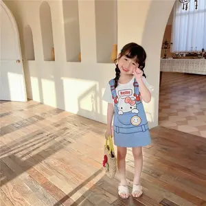 Gaun suspender dua motif kartun, gaun suspender gaya musim panas, Gaun kaus lengan pendek bayi motif kartun manis