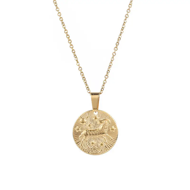 Pendentif de pièces de monnaie en acier inoxydable, collier porte-bonheur en or plaqué or 18K, signe du zodiaque, 12 pièces