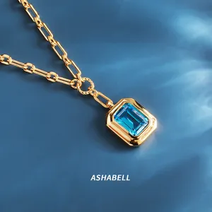 S925 Silver Sea Blue Treasure 5A Zircon Banhado A Ouro Pingente Colar De Esmeralda Personalizado Jóias Das Mulheres