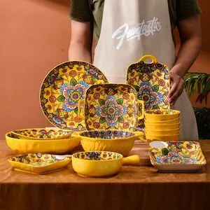Bohemia style ceramic dishes & plates yellow flower dinnerware sets for wholesale charger plates sold by carton for per modes