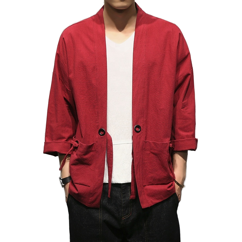 FQUAN Men's Linen Kimono Loose Cardigan Outerwear Vintage Coat Male Jackets With Button Casual Overcoat black S at Men's Clothing store