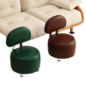 Taburete de cuero marrón con respaldo y ruedas para uso en la sala de estar del hogar - Product Image 4