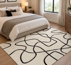 Tapis abstrait minimaliste |   Tapis à poils ras faits à la main, crème et noir, à lignes courbes, avec envers en latex, pour chambre et salon - Product Image 1