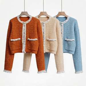 Elegant Stylish Solid Orange Color Crew Neck Open Front Pocket Long Sleeve <strong>with</strong> Tassel Women's <strong>Cardigan</strong> Sweater Jacket <strong>Clothes</strong> - Product Image 2