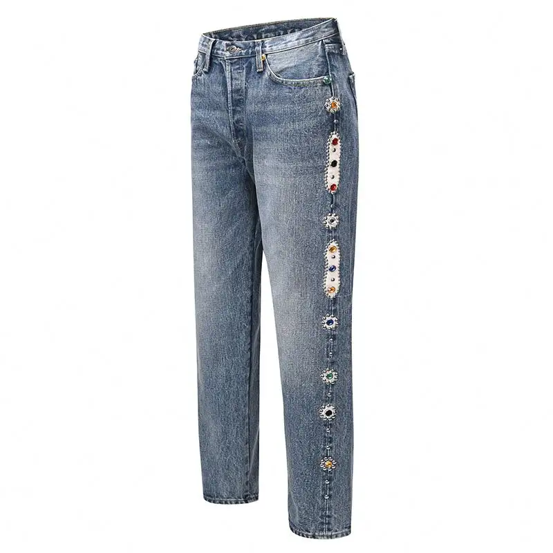 Aangepaste strass jeans voor heren mode klein formaat China fabriek steen mooie snelle bule regenboog doek heren juweel broek