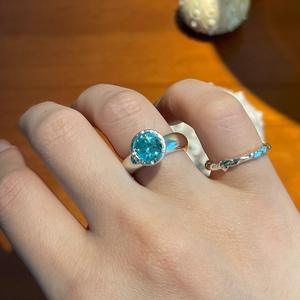 Bague en argent pur S925 pour femme, faite à la main, motif martelé, style antique de luxe, incrustation de diamant vert menthe, hémisphère Palaiba - Product Image 5