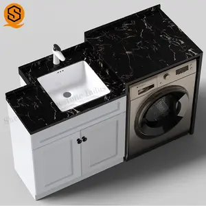 Laundry Customized Worktop Sintered Stone Integrated Countertop Sink With Cabinet Underneath Black Marble Color Wash