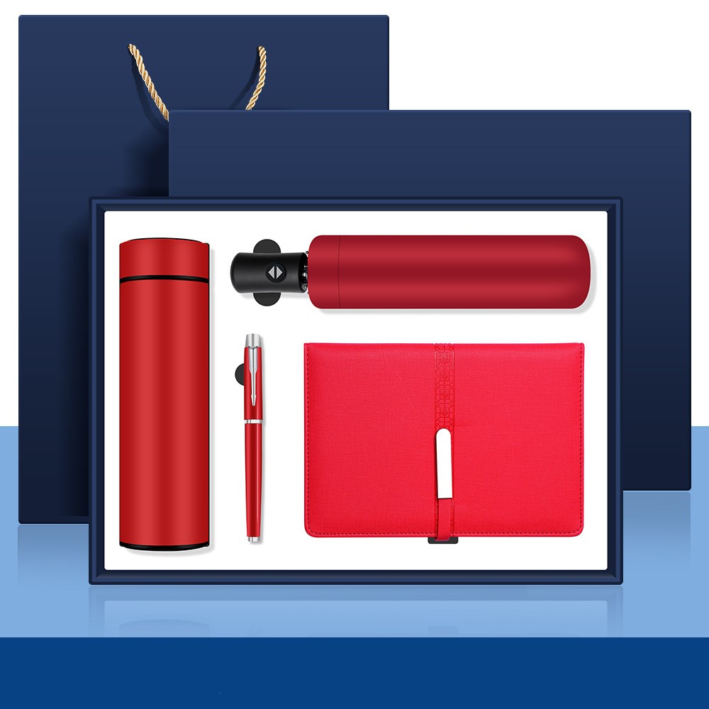 4pcs set(thermos+notebook+pen+umbrella)red