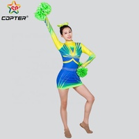 Uniforme de cheerleading OEM avec strass dégradé jaune-vert-bleu, col haut, manches longues, motif papillon, ensemble de danse avec pompons