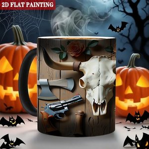 Mug en céramique noir givré de 11 oz, tasse magique changeante de couleur avec motif de crâne occidental et pistolet, peinture 2D plate - Product Image 6