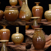 Décoration d'étagère antique HC063, petit vase vintage en céramique changeant de couleur au four pour arrangement de fleurs séchées, ornement de bureau