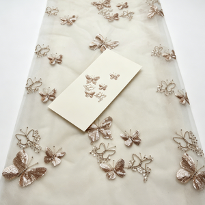 Tissu <span class=keywords><strong>en</strong></span> tulle à sequins papillon 3D dégradé champagne A029, tissu brodé <span class=keywords><strong>en</strong></span> filet pour robe de mariée et abaya du Moyen-Orient - Product Image 3