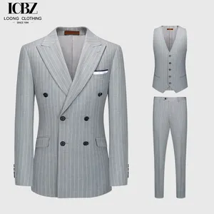 Business Men's Blazer Suit Gray Striped Double-breasted Gun Lapel Slim Fit 3 Pieces Business Suit