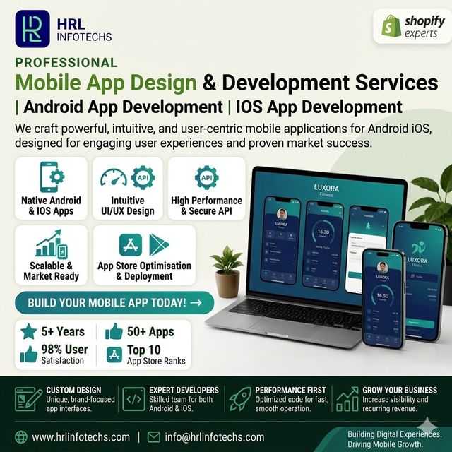HRL INFOTECHS Mobile App Design Development Services Android iOS Native Apps UI UX Design API Integration Scalable Market Ready