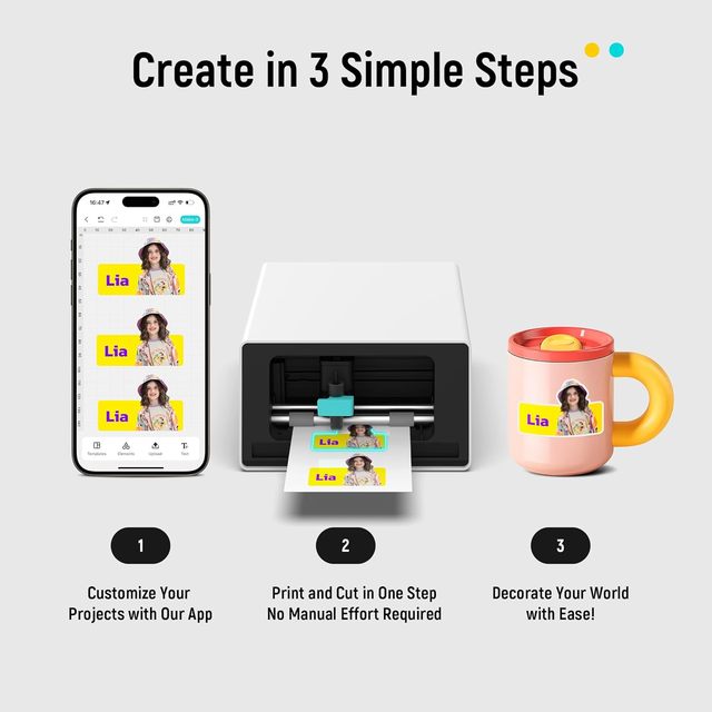 All-in-One Color Sticker Printer & Cutting Machine, Thermal Dye-Sublimation 300 DPI Photo Printer with Precise AI Auto-Cutting