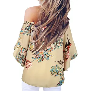 Women Chiffon Blouses Strapless Top Bell Sleeve Tunic Tie Front Blouse Off Shoulder Tops Summer Clothes Floral Shirt