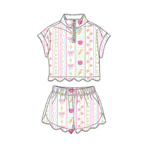 Conjunto de ropa infantil GSSO3580 personalizado Little Active Girl, estampado a cuadros en blanco y negro, con cremallera, manga corta y cuello festoneado, venta al por mayor. - Product Image 6