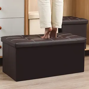 110L Sturdy Organizer Faux Leather Storage Ottoman Artificial Foldable Bench With Foam Padded Seat For Bedroom And Hallwaym