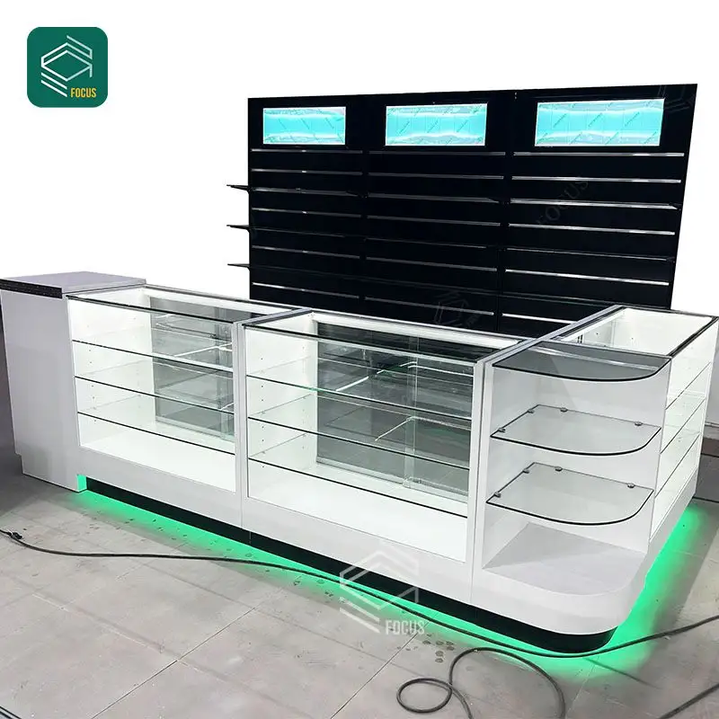 Wooden Display Rack With Led Counter Glass Display For Smoke Shop Tobacco Shop Display Furniture