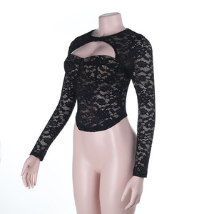 Eleganti Top e Bluse da Donna Nere in Pizzo a Maniche Lunghe con Cut-out, Aderenti e Sexy, Crop Top Casual da Donna, Nuovi Arrivi 2026 - Product Image 5
