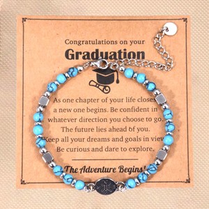 Turquoise Stainless Steel <b>Beaded</b> <b>Bracelet</b> With Compass Charm Adjustable Graduation Gift Jewelry - Product Image 1
