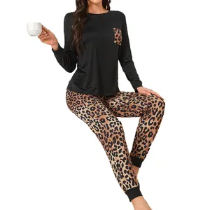 Spring Summer Long Sleeve Home Wear Leopard Print 2 Piece Nightwear Pajama Woman Going Out Suit